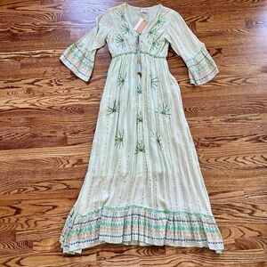 NWT Ananta Maxi Dress Green w/ Sequin Accents, Made In India, Boho, Sz S/M